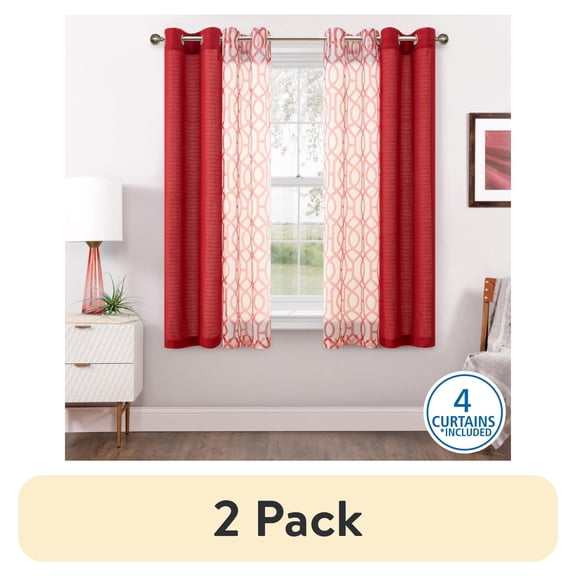 (2 pack) Mainstays Kingswood Solid and Printed Sheer Grommet Curtain Panel Set, 4 Piece, Red, 27.5" W x 63" L