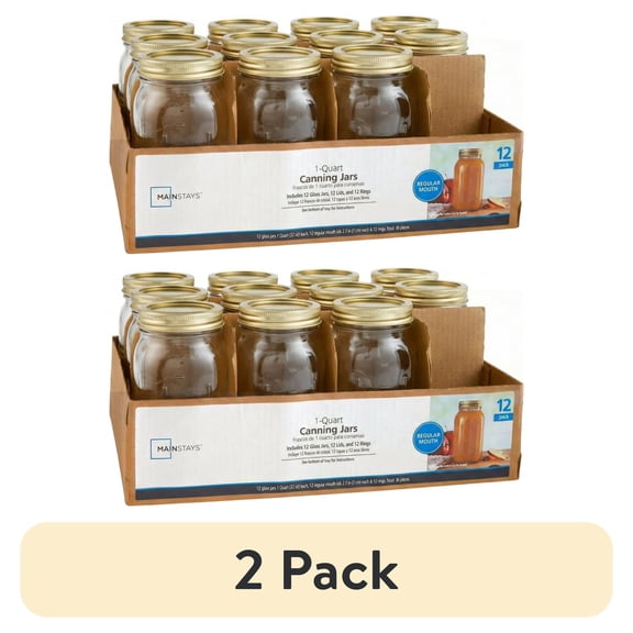 (2 pack) Mainstays 32 oz Mason Jars, Regular Mouth Quart Canning Jars with Lids and Rings, 12-Pack Large Glass Jars for Home Canning and Fermenting