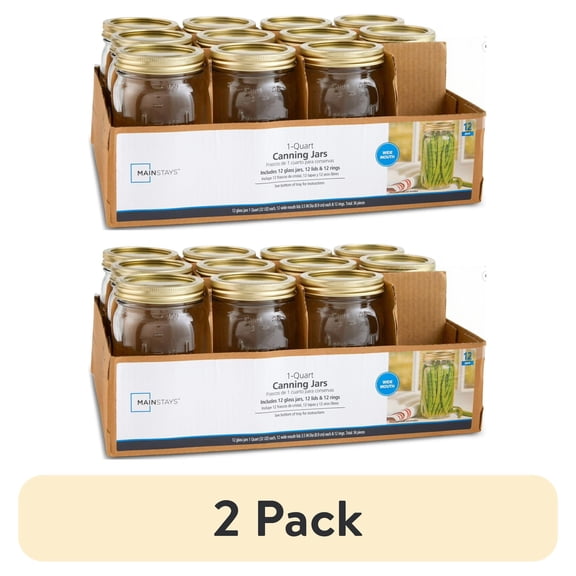 (2 pack) Mainstays Large 32 oz Wide Mouth Mason Jars 12pk, Quart Canning Jars and Lids, Bulk Glass Jars for Canning Whole Fruits, Jarring Tomatoes, Pantry Organization,Vases