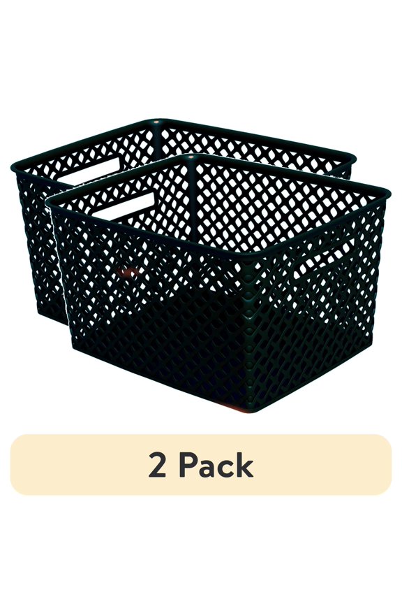 (2 pack) Mainstays Large Decorative Plastic Storage Basket, Black, 14.7 in x 12 in x 8.5 in