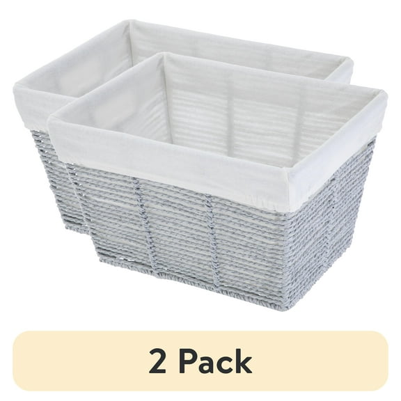 (2 pack) Mainstays Large Gray Twisted Paper Rope Decorative Storage Basket with Removable Liner, 16 in x 9.7 in x 13.4 in