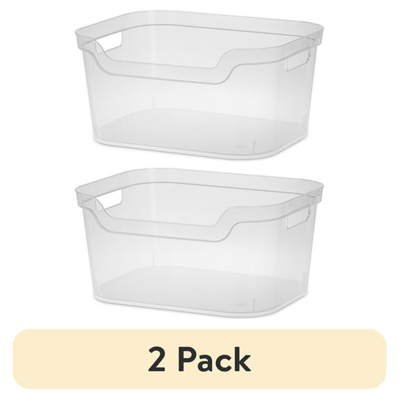 (2 pack) Mainstays Clear Plastic Open Storage Bin with Scoop Front, Large Pantry Organizer Container for Kitchen, Fridge, Cabinet, and Shelf Storage