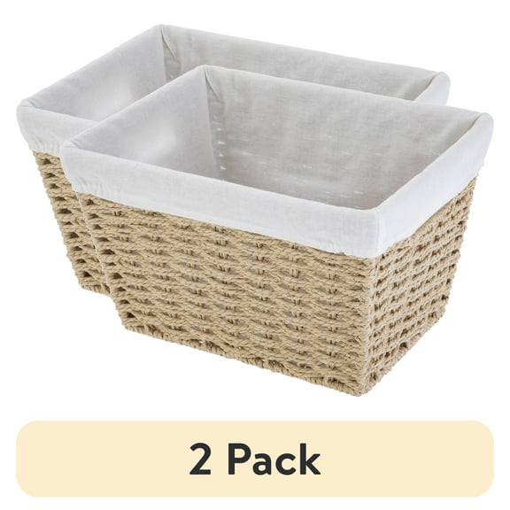 (2 pack) Mainstays Large Tan Woven Paper Rope Decorative Storage Basket with Removable Liner, 16 in x 9.7 in x 13.4 in