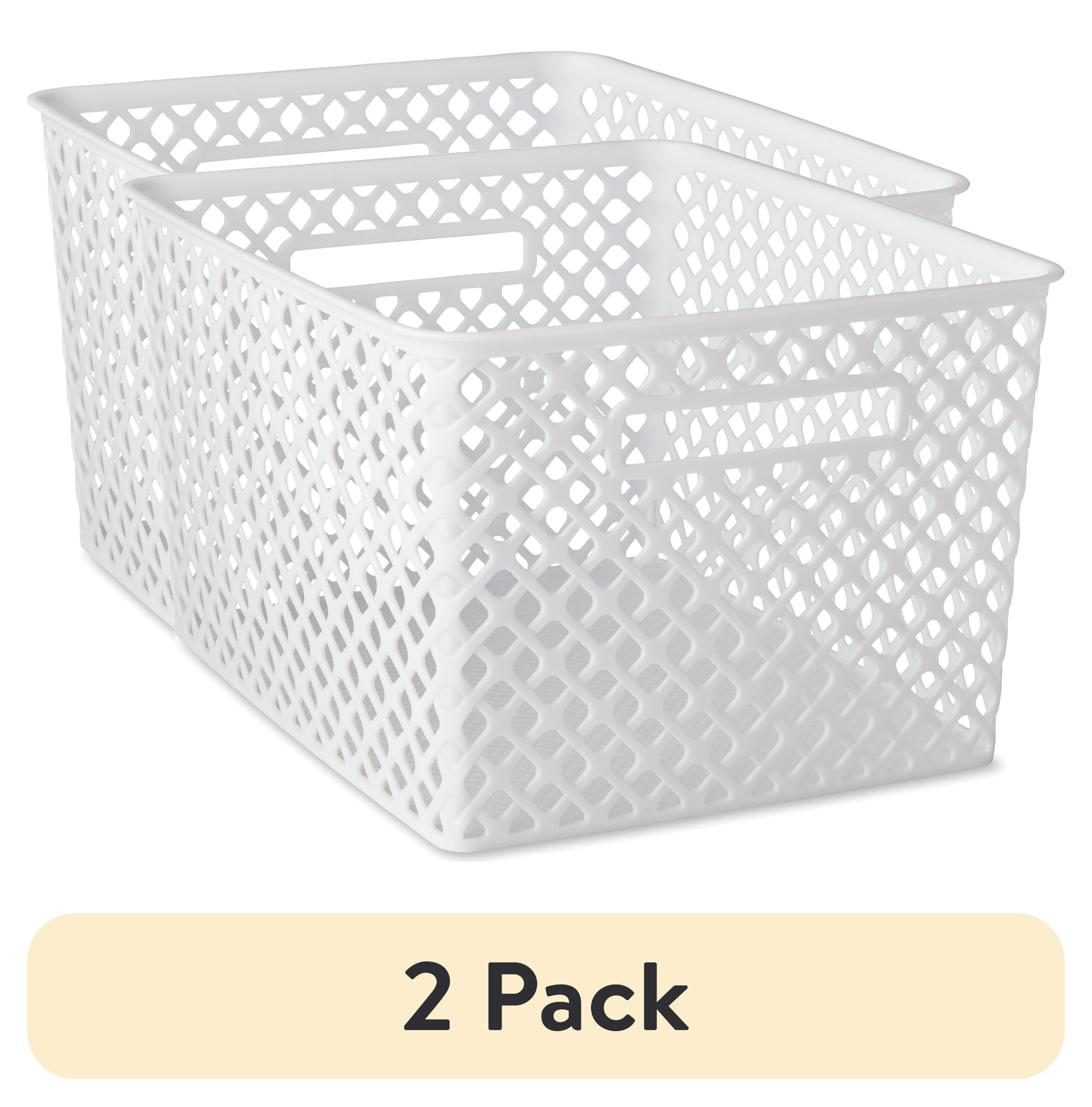 (2 pack) Mainstays Large White Decorative Plastic Storage Basket, 14.7 in x 12 in x 8.5 in