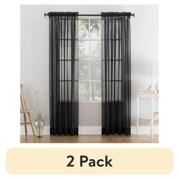 (2 pack) Mainstays Marjorie Sheer Voile Rod Pocket Single Curtain Panel, 1 Panel, Black, 59"W x 63"L