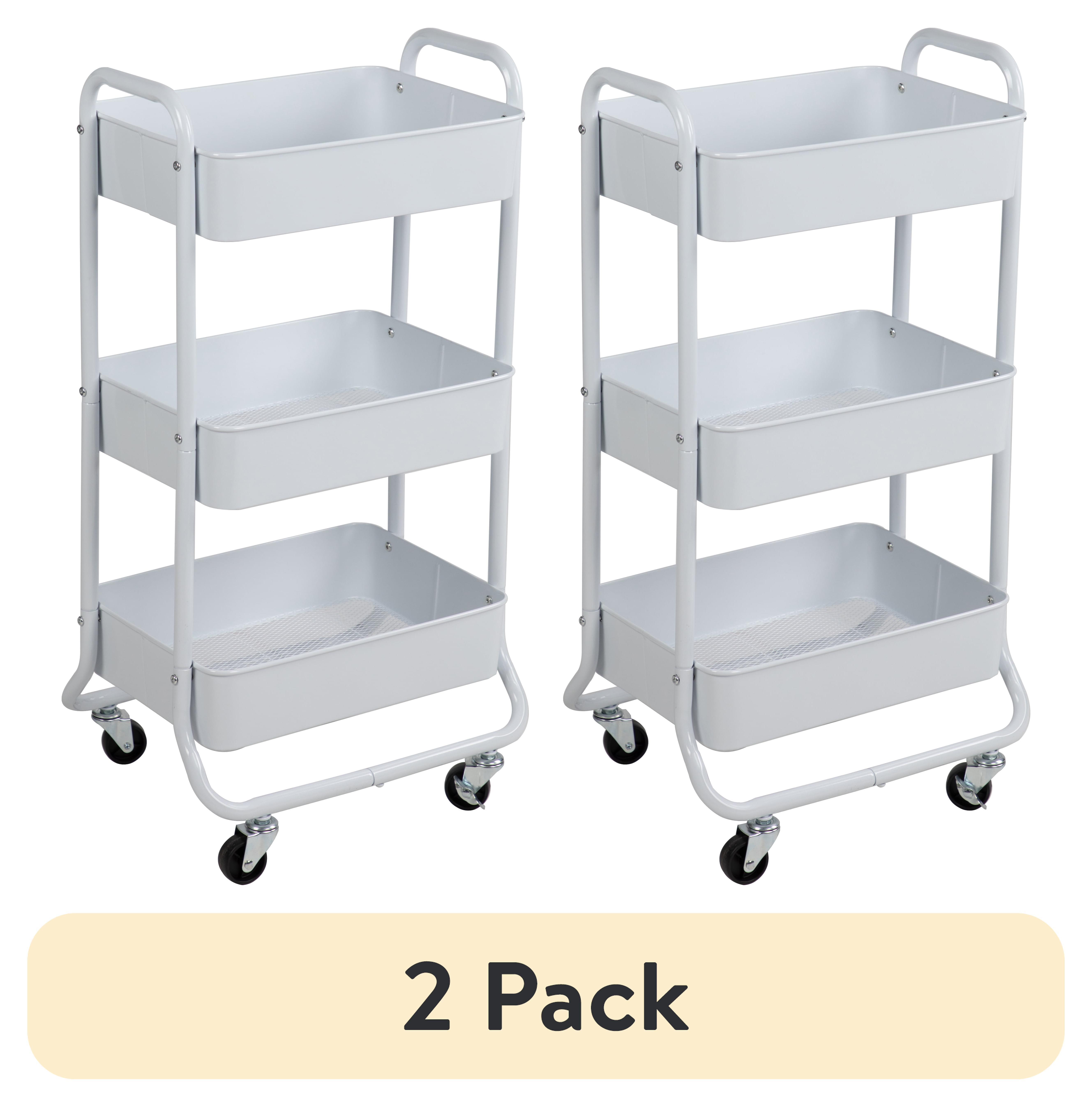 (2 pack) Mainstays 3-Tier Metal Frame Laundry Cart, Arctic White, Easy-Rolling, for Adults & Kids