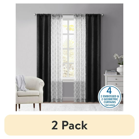 (2 pack) Mainstays Metallic Blackout Curtains and Sheers Set, 4 Panels, Black, 27.5" W x 84” L