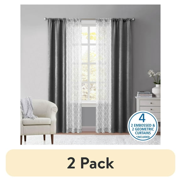 (2 pack) Mainstays Metallic Blackout Curtains and Sheers Set, 4 Panels, Soothing Gray, 27.5" W x 84” L