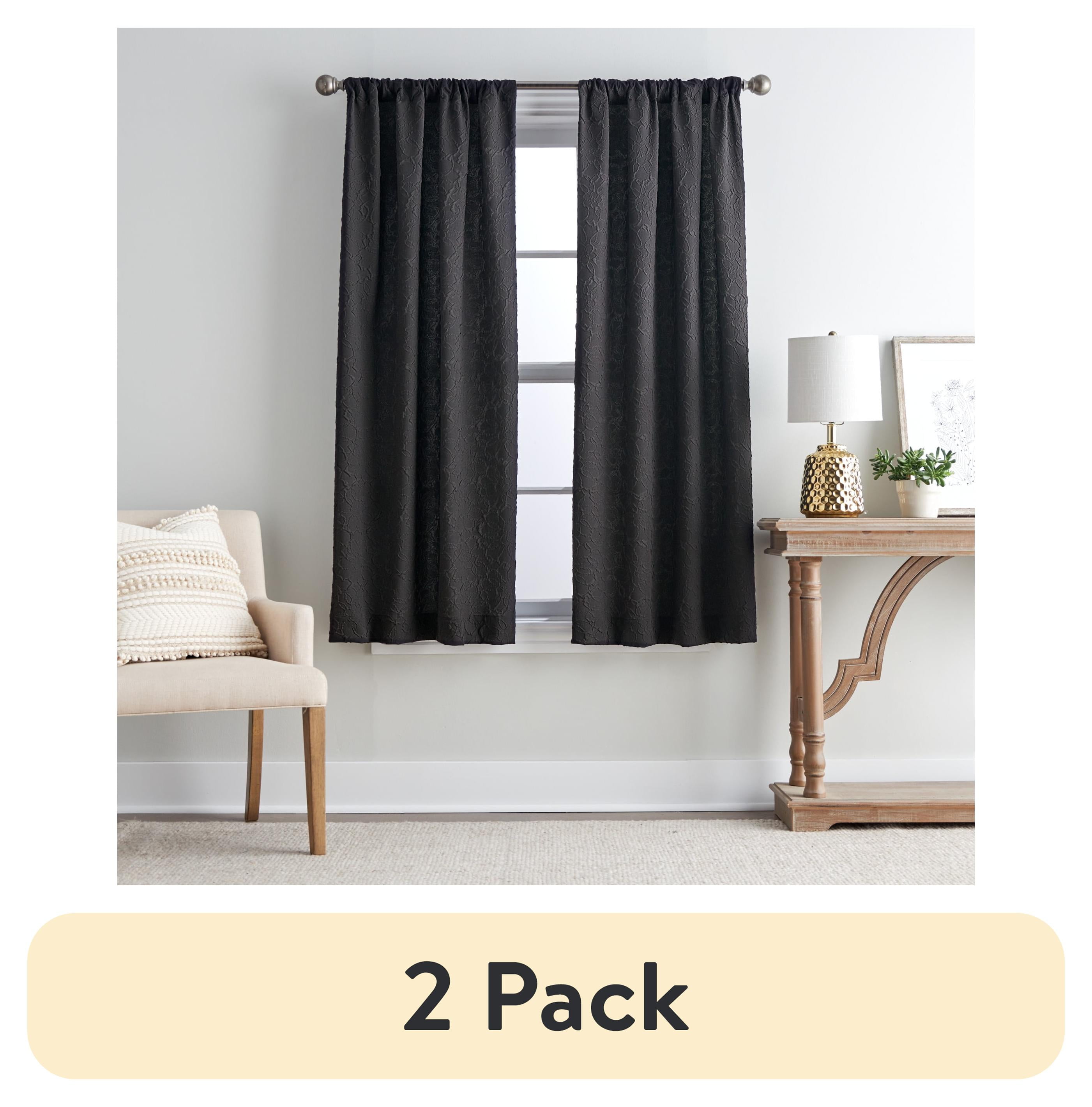 (2 pack) Mainstays Microsculpt Floral Rod Pocket Curtain Pair, Set of 2, Black, 37 in x 63 in