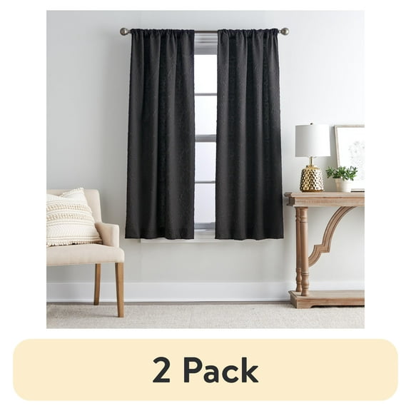 (2 pack) Mainstays Microsculpt Floral Rod Pocket Curtain Pair, Set of 2, Rich Black, 37"W x 63"L