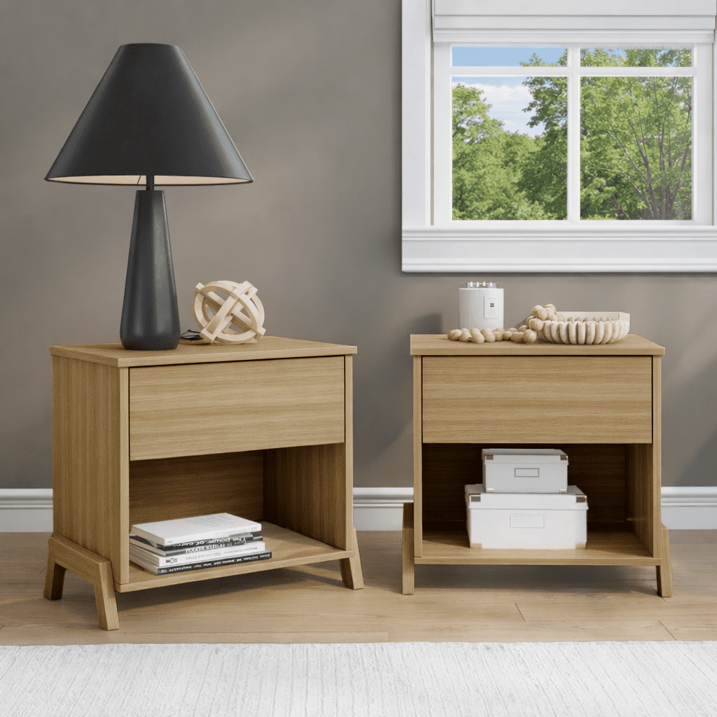 (2 pack) Mainstays Modern 1 Drawer Nightstand, Natural Teak