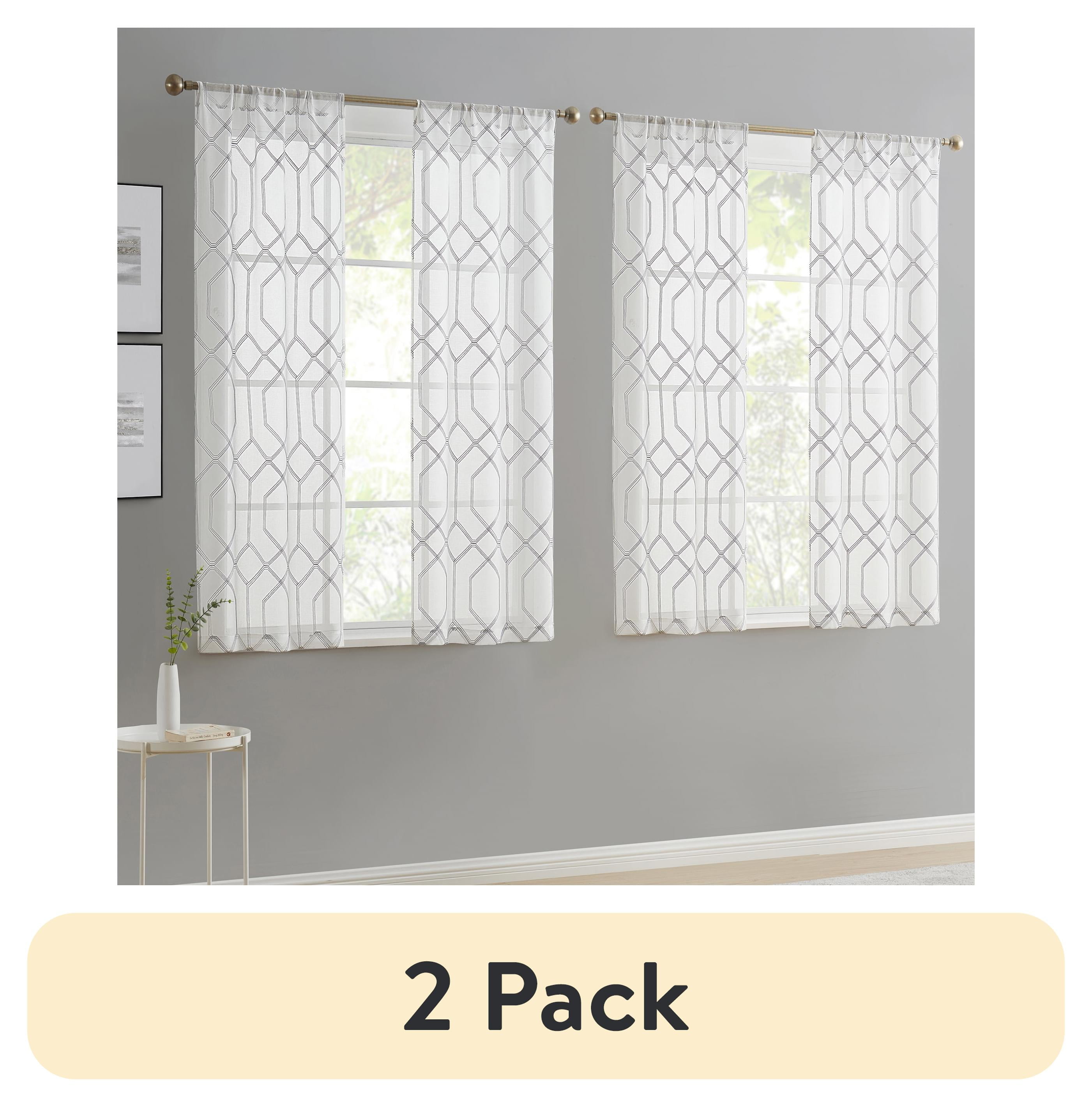 (2 pack) Mainstays Modern Geometric Embroidered Rod Pocket Sheer Curtains, Set of 4, Grey, 28" W x 54" L