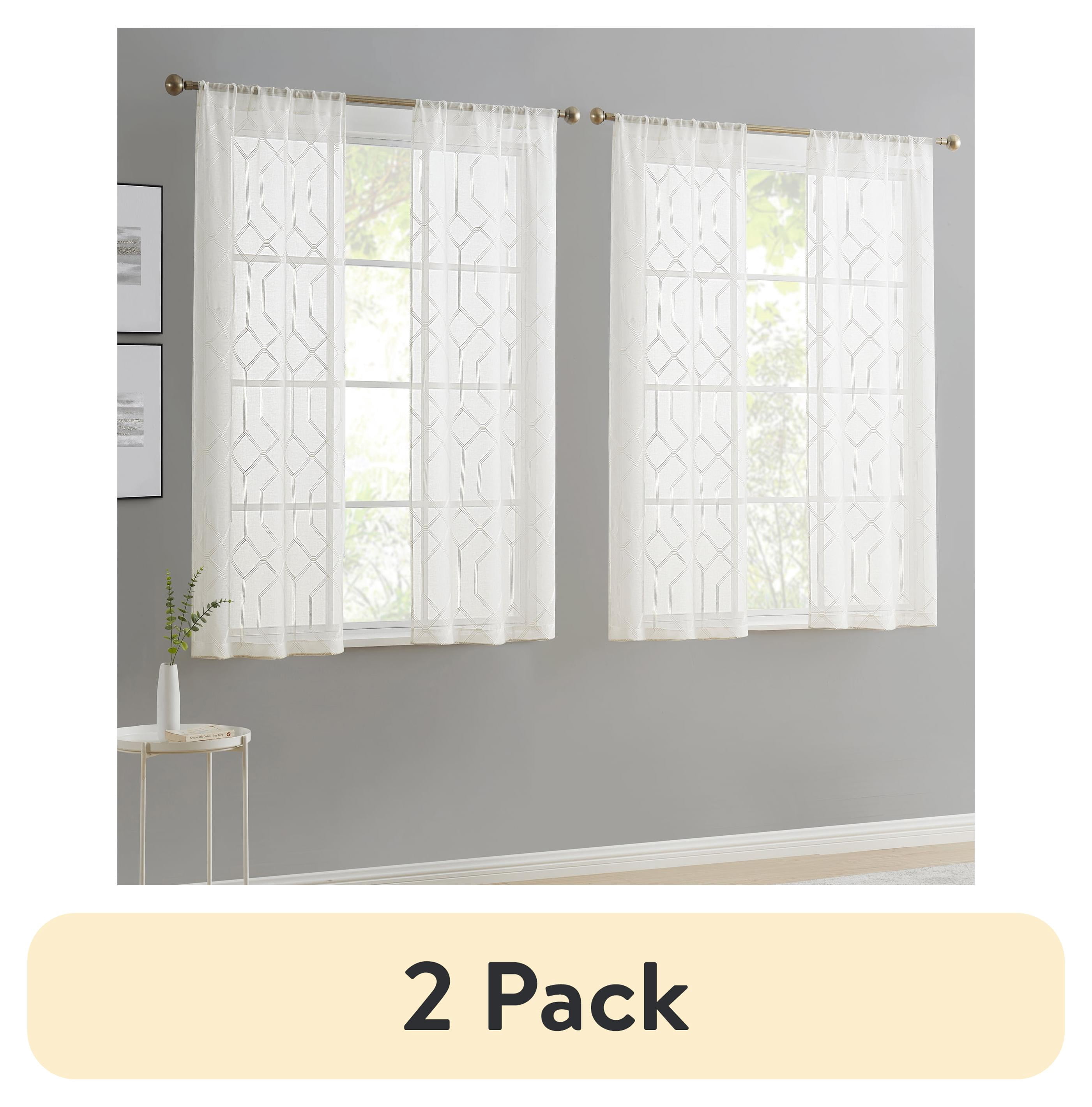 (2 pack) Mainstays Geo Embroidered Rod Pocket Sheer Curtain Panel Set, 4 Panels, White, 28 in x 63 in Each
