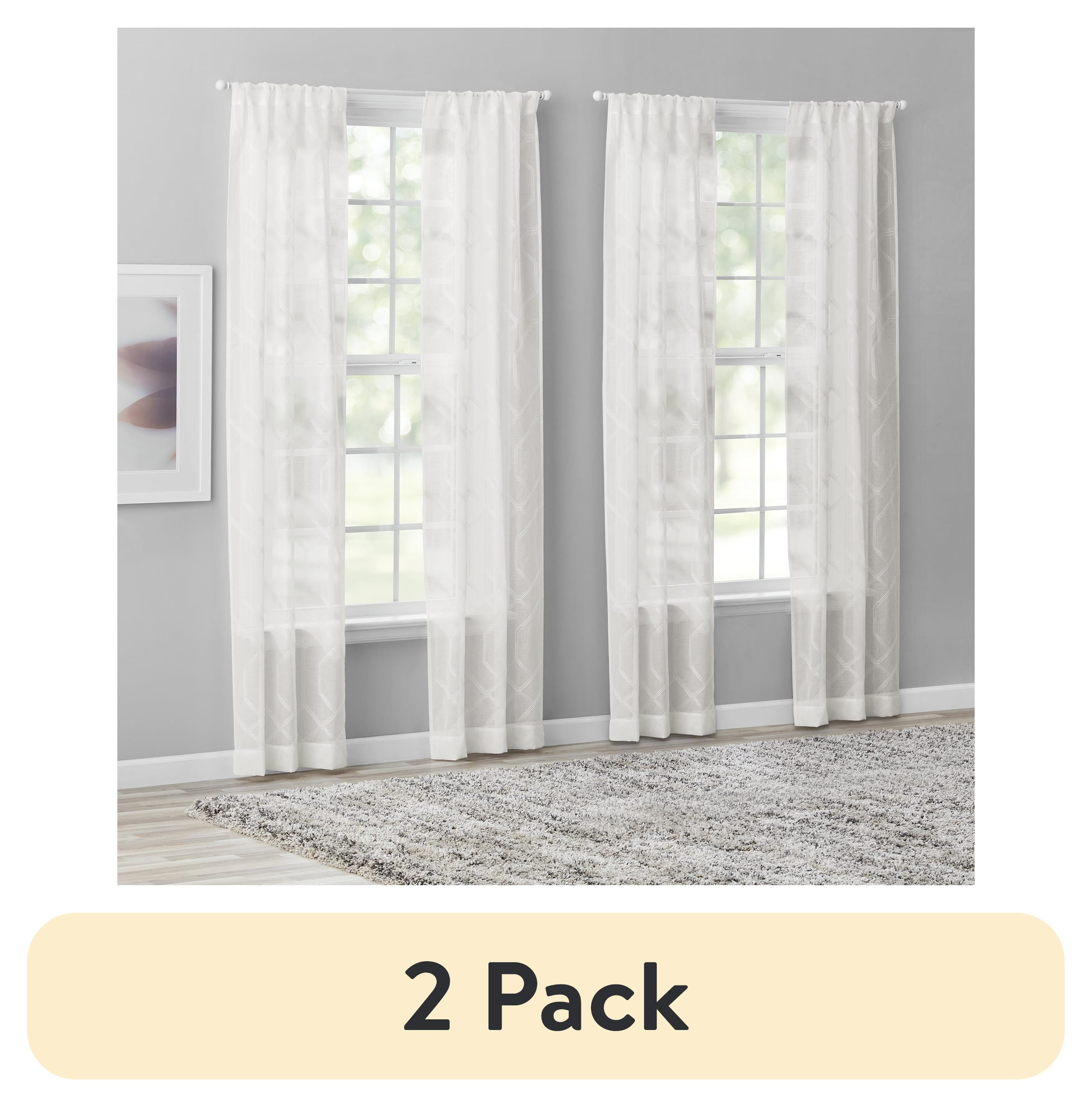 (2 pack) Mainstays Modern Geometric Embroidered Rod Pocket Sheer Curtains, Set of 4, White, 28 in x 84 in