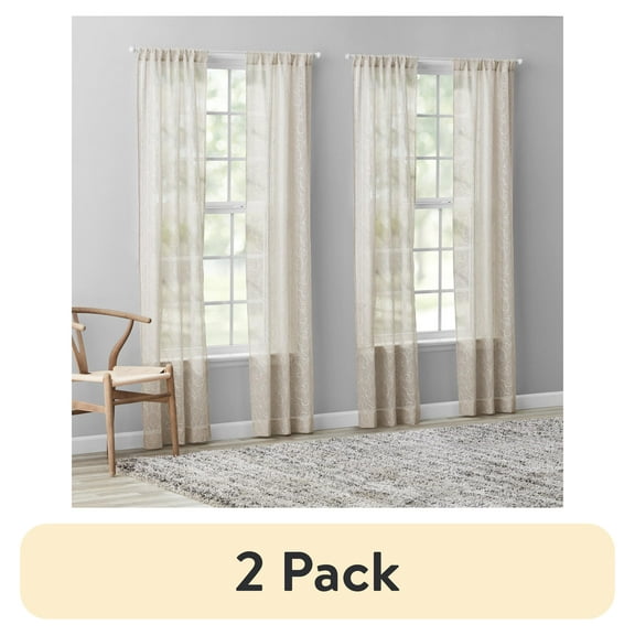 (2 pack) Mainstays Modern Scroll Rod Pocket Sheer Curtains, Set of 4, Beige, 28" W x 84" L