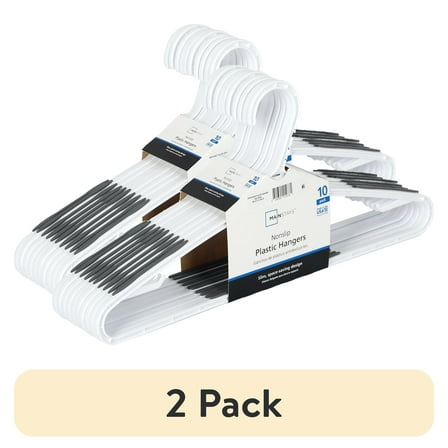 (2 pack) Mainstays Non-Slip Clothes Hangers, 10 Pack, White, Durable Plastic, TPE Strips