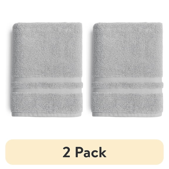 (2 pack) Mainstays Performance Cotton Bath Towel, Super Soft Quick Dry Fade Resistant, Solid Silver