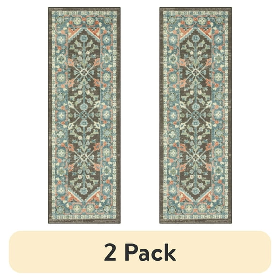(2 pack) Mainstays Persian Border Medallion Loop Print Gray Aqua Indoor Runner Rug, 2' x 6'