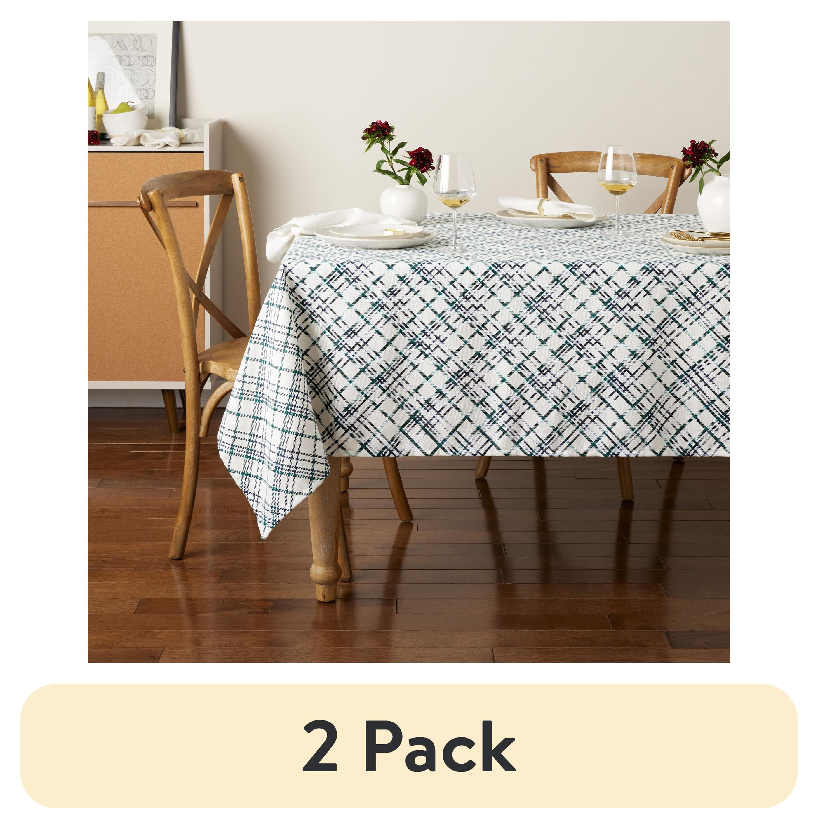 (2 pack) MAINSTAYS BEIGE/GREEN/BACK PLAID DRILL WEAVE FABRIC TABLECLOTHS 60X84