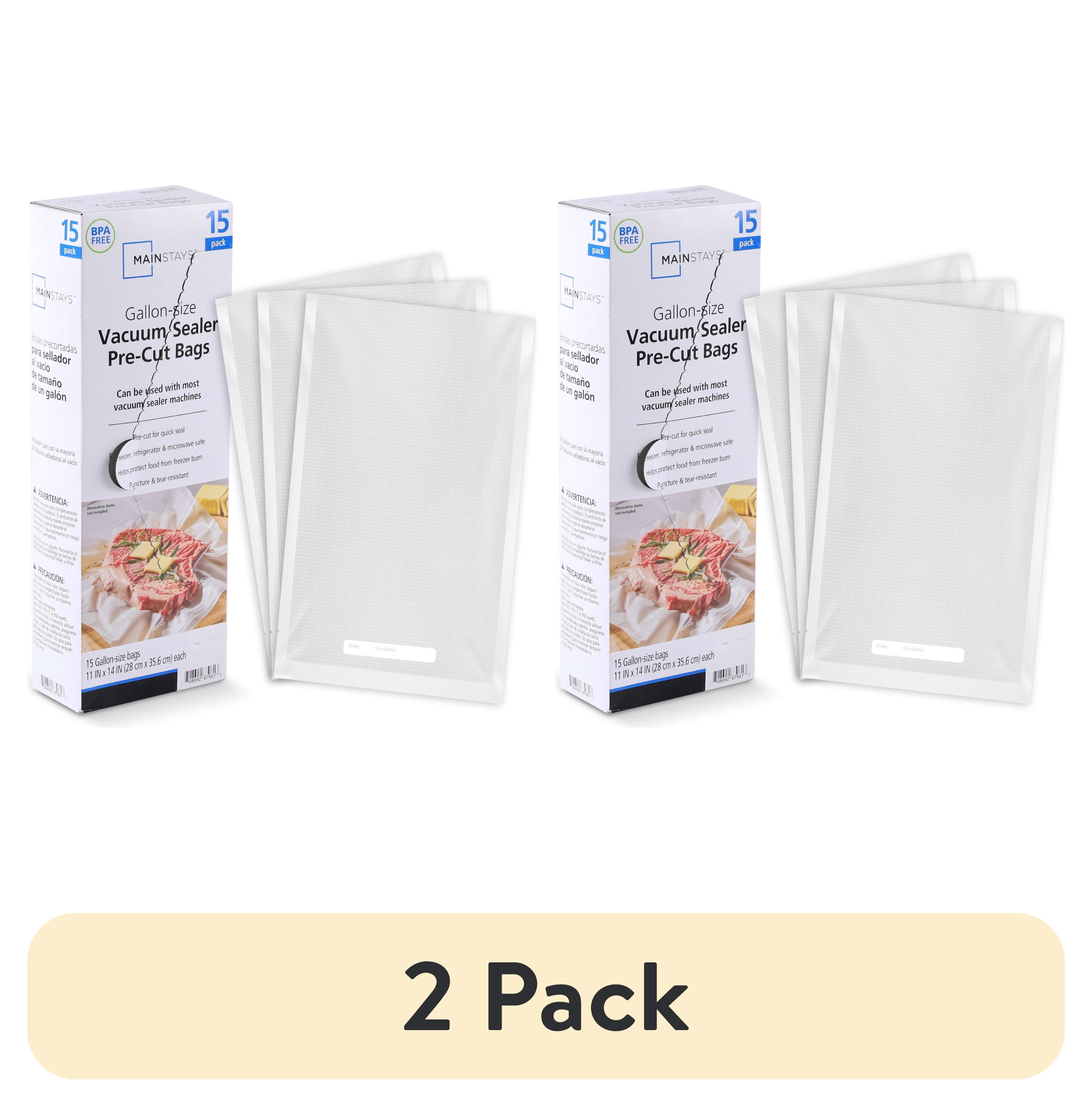 (2 pack) Mainstays Gallon Vacuum Sealer Bags (11" x 14"), 15-Count BPA-Free Vacuum Seal Bags for Food Storage and Sous Vide, Works With All Brands Food Vacuum Sealer Machines
