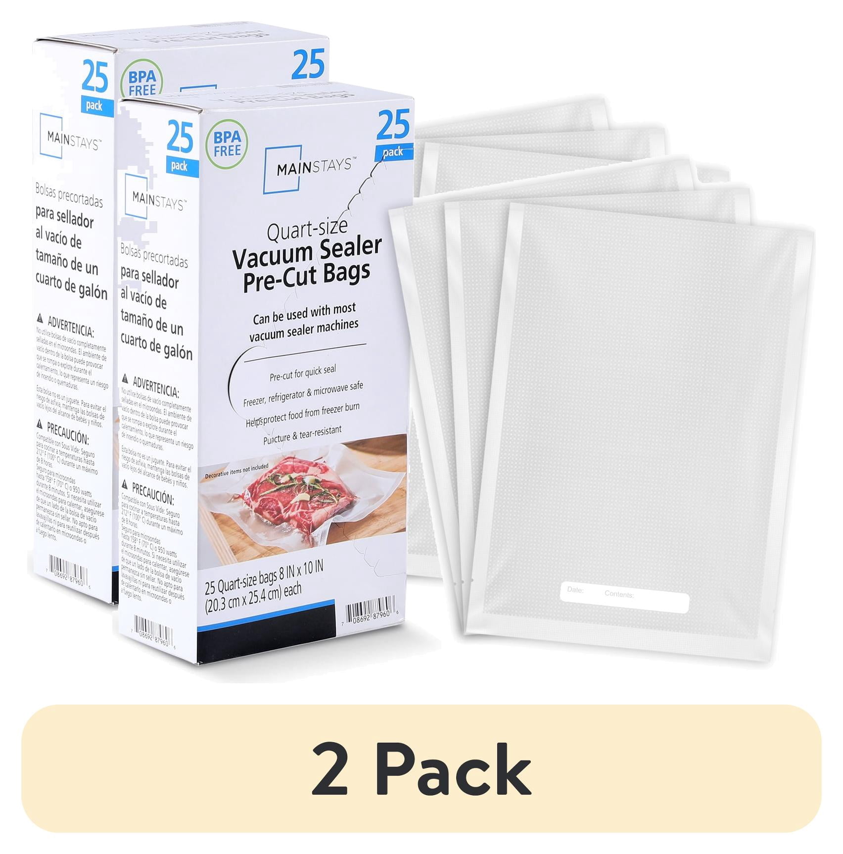(2 pack) Mainstays Quart Vacuum Sealer Bags (8" x 12"), 25-Count BPA-Free Vacuum Seal Bags for Food Storage and Sous Vide, Works With All Brands Food Vacuum Sealer Machines