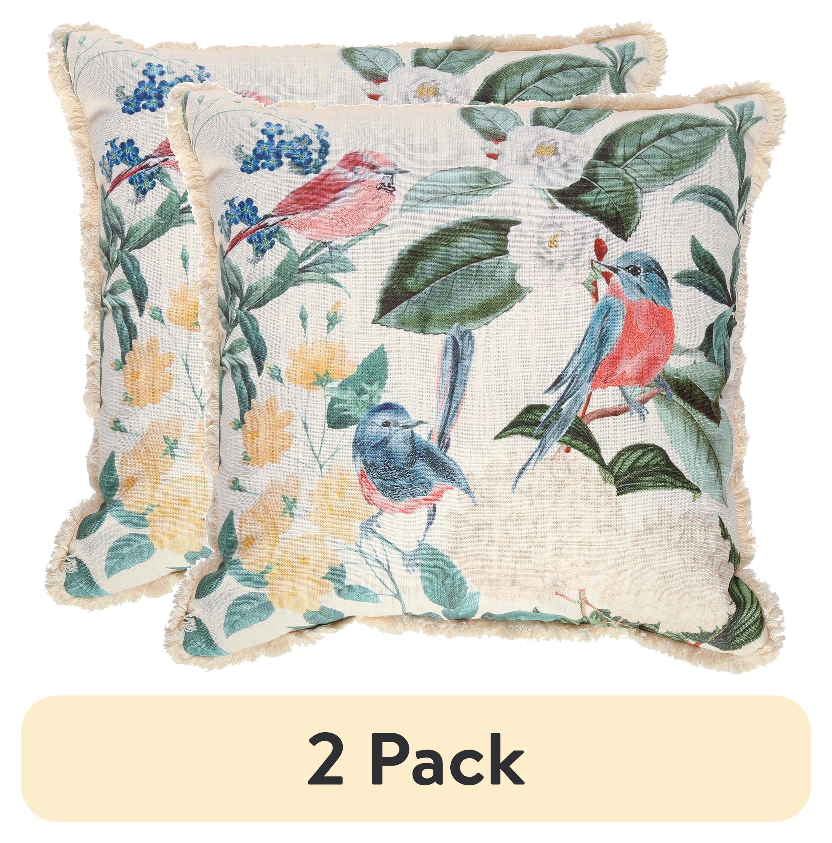 (2 pack) Mainstays Decorative Embroidered Bird Floral 18” x 18” Throw Pillow, Multi-Color