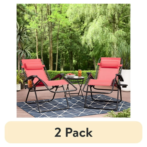 (2 pack) Mainstays Reclining Zero-Gravity Sling Outdoor Chair with Cup Holders, 2 Pack-Red/Black