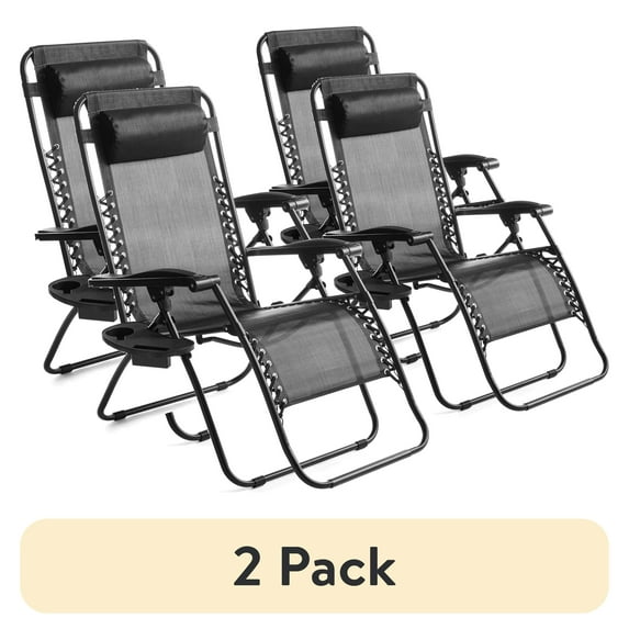 (2 pack) Mainstays Reclining Zero-Gravity Sling Outdoor Lounge Chair with Cup Holder, 2 Pack-Black