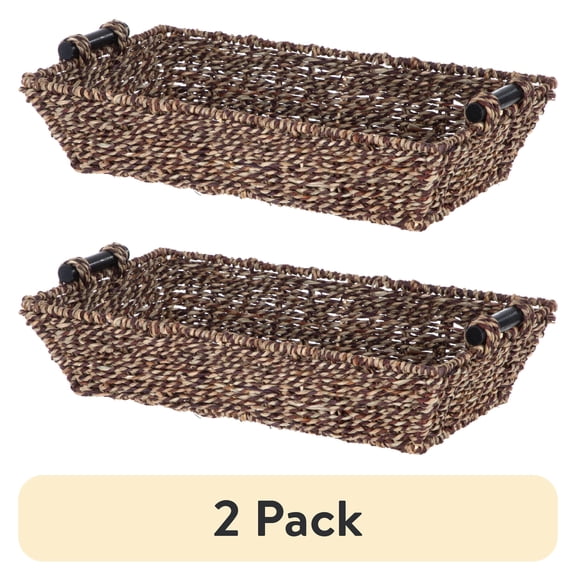 (2 pack) Mainstays Rectangle Brown Seagrass Basket with Wood Handles, 17.5”L x 10” W x 4”H