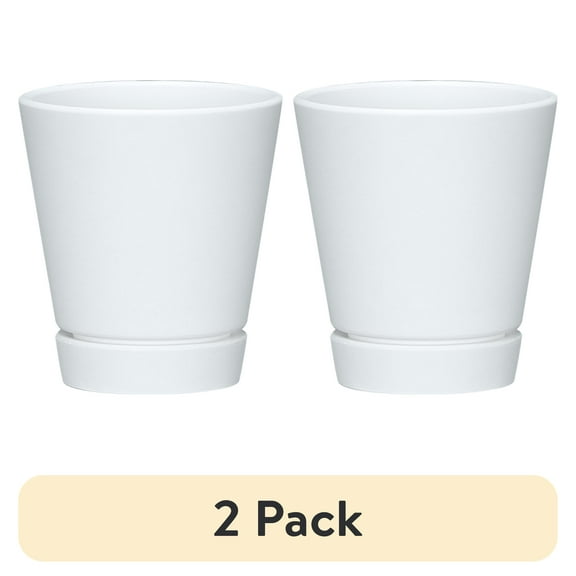 (2 pack) Mainstays Recycled Resin Planter with Attached Saucer, White, 4in x 4in x 4.5in