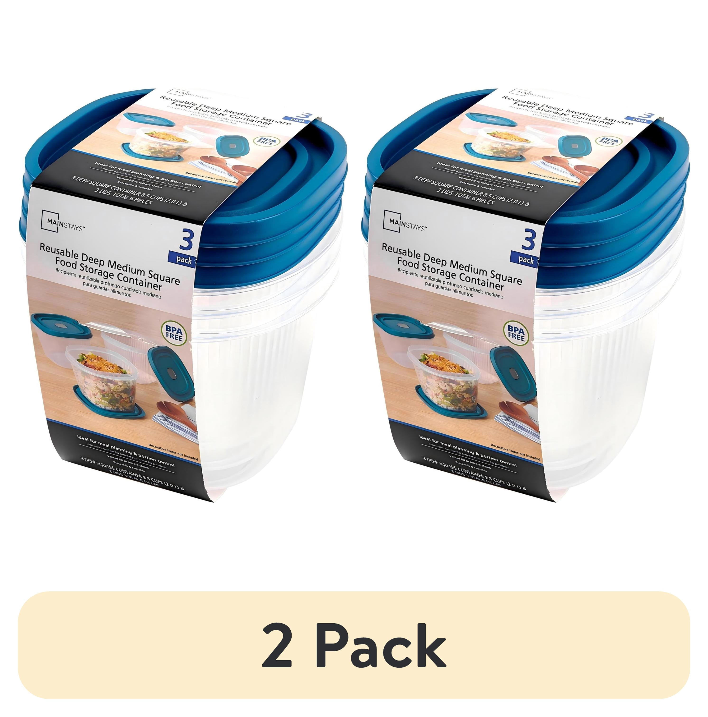 (2 pack) Mainstays Reusable Food Storage Containers, Deep Medium Square, Plastic, 3 Pack with Lids, 8.5 Cups