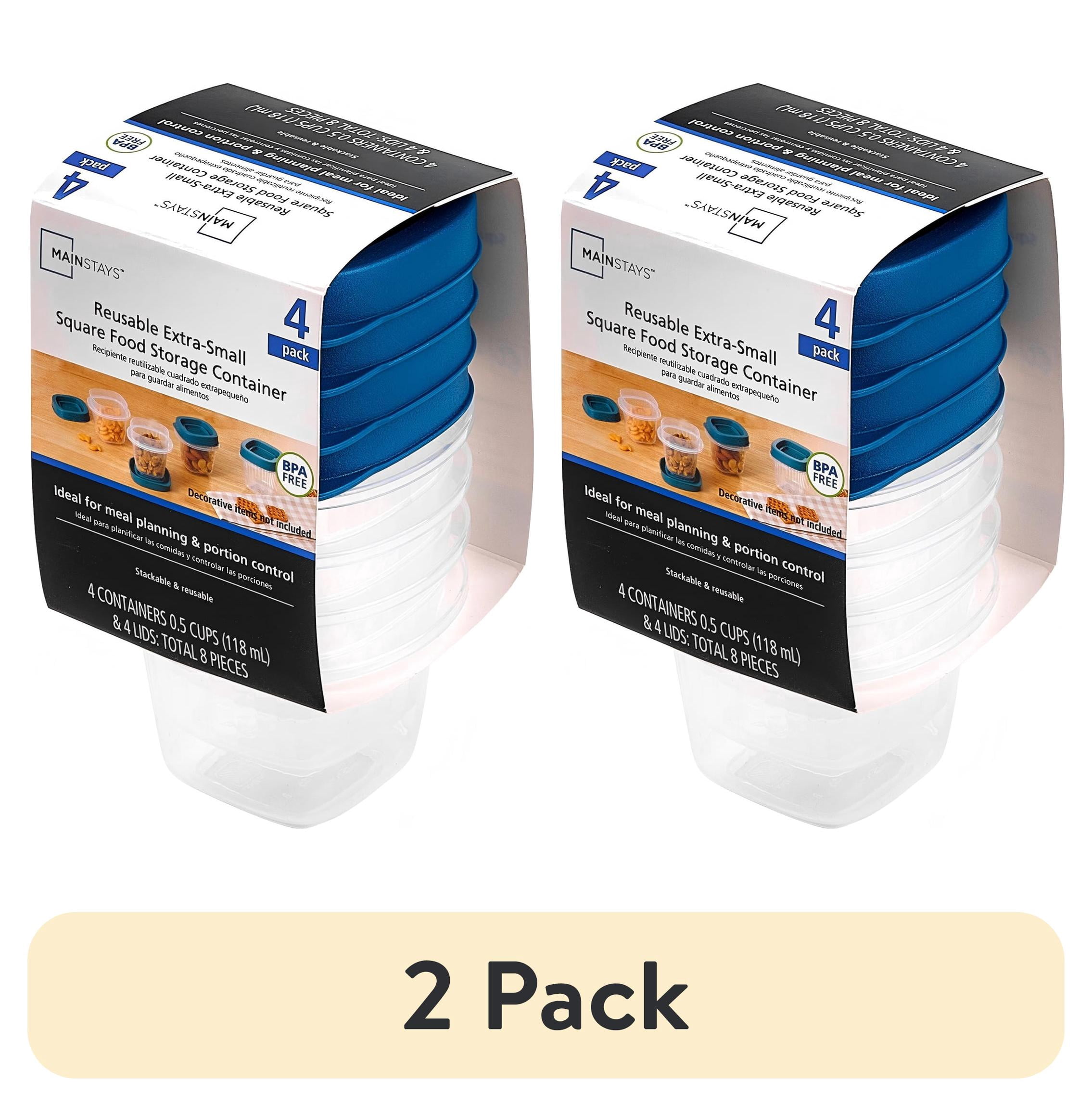 (2 pack) Mainstays Reusable Food Storage Container,  Extra-Small Square, Plastic 4-Pack, 4 Containers with Lids, 0.5 Cup, Ideal for Snacks and Sauces