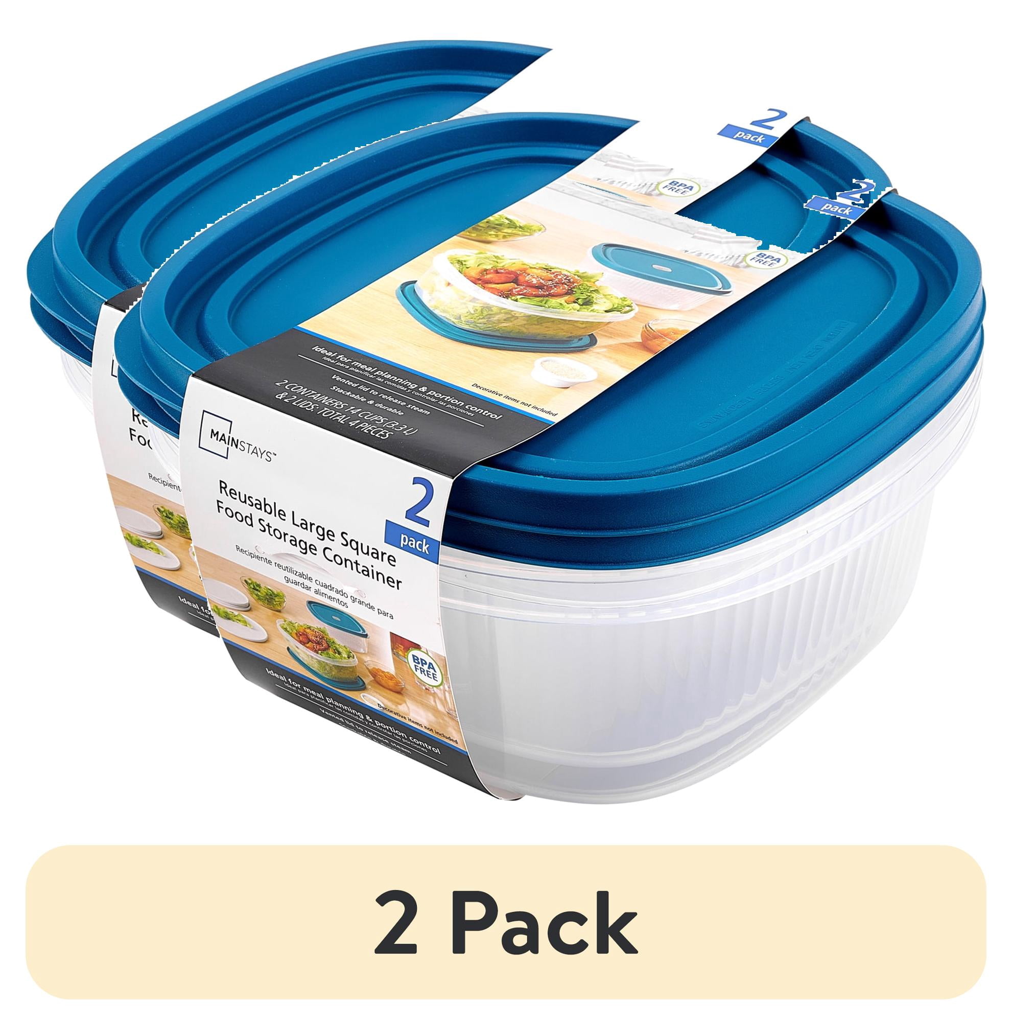 (2 pack) Mainstays Reusable Food Storage Container, Large Square, Plastic 2-Pack, 2 Containers with Lids, 14 Cups, Ideal for Snacks and Meal Prep