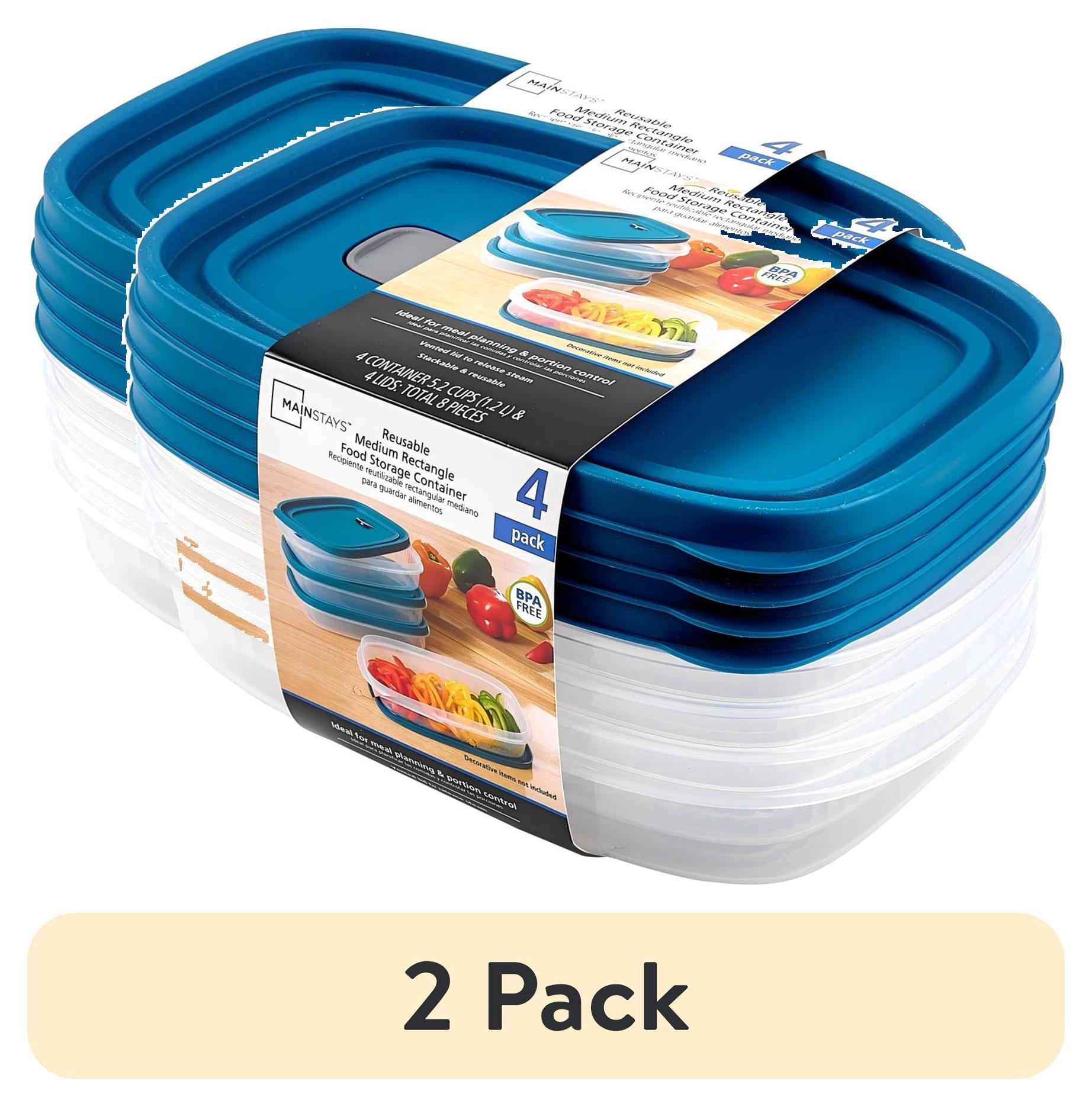 (2 pack) Mainstays Reusable Food Storage Container, Medium Rectangle, Plastic, 4-Pack, 4 Containers with Lids, 5.2 Cups, Ideal for Meal Planning