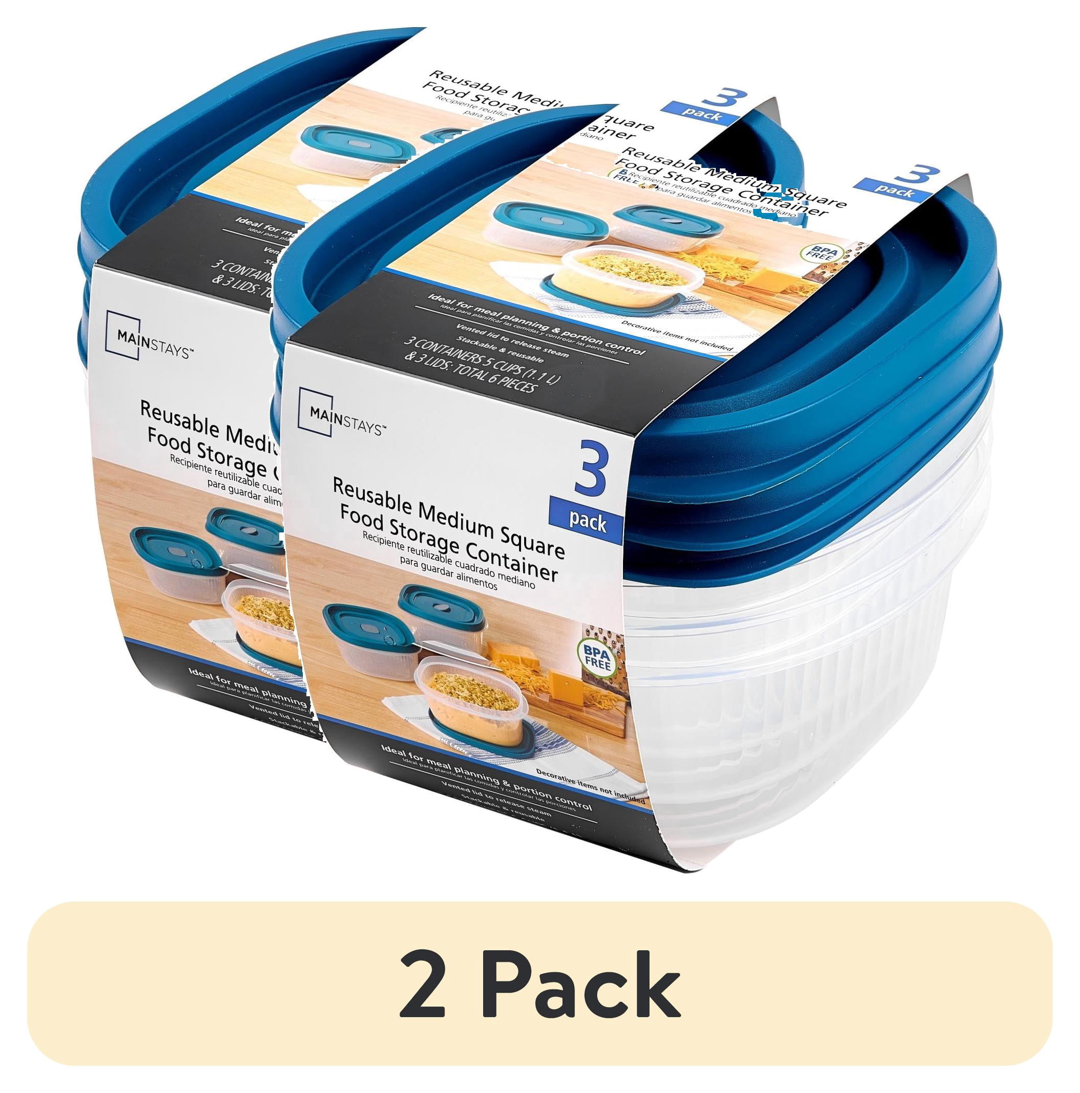 (2 pack) Mainstays Reusable Food Storage Container, Medium Square, Plastic, 3-Pack, 3 Containers with Lids, 5-Cup, Ideal for Meal Planning and Portion Control