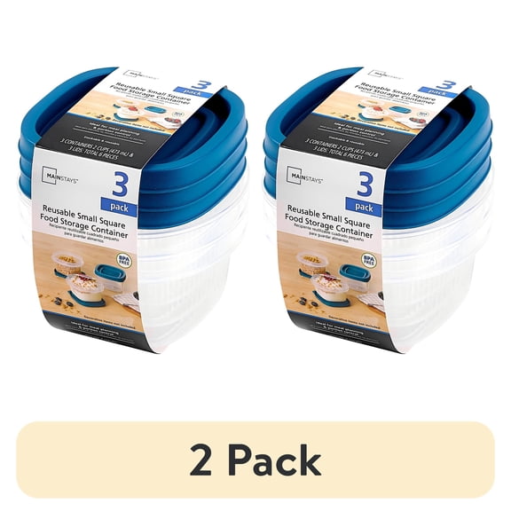 (2 pack) Mainstays Reusable Food Storage Container, Small Square, Plastic, 3-Pack, 3 Containers with Lids, 2 Cups, Ideal for Snacks and Fresh Ingredients
