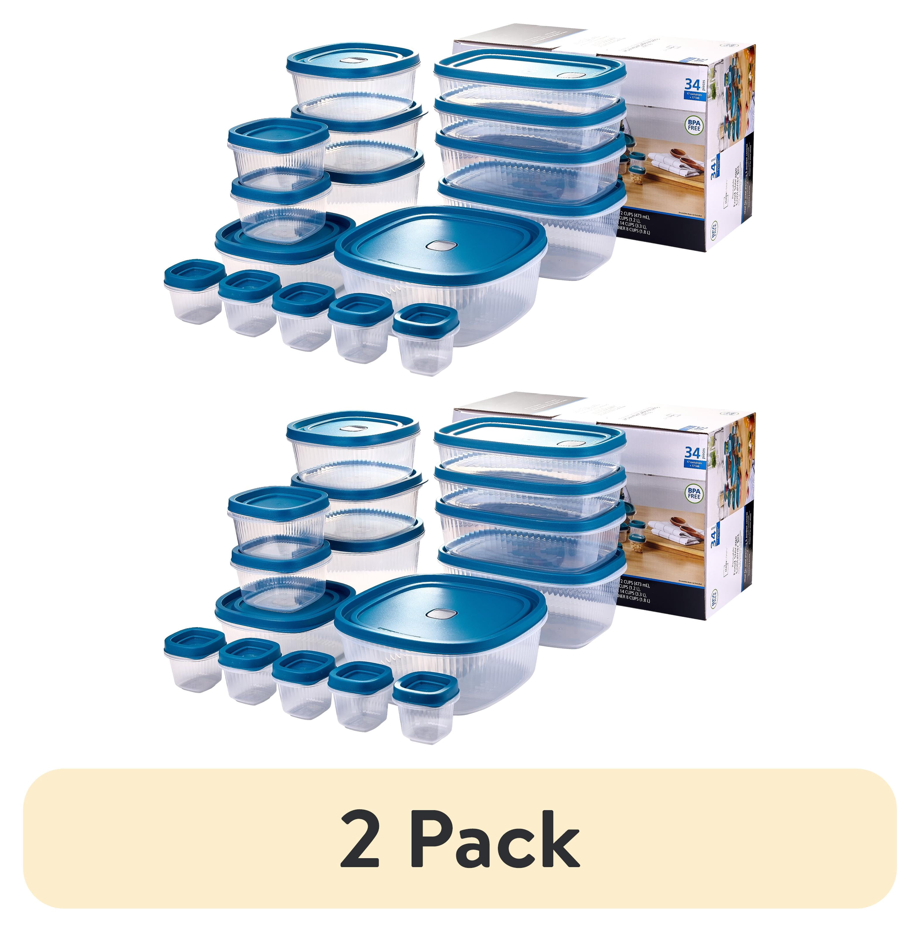 (2 pack) Mainstays Reusable Food Storage Containers Set, Multi-Size, Plastic, 34 Pieces, 17 Containers and 17 Lids, Ideal for Snacks & Meal Prep
