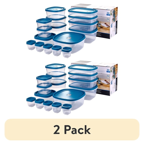 (2 pack) Mainstays Reusable Food Storage Containers Set, Multi-Size, Plastic, 34 Pieces, 17 Containers and 17 Lids, Ideal for Snacks & Meal Prep