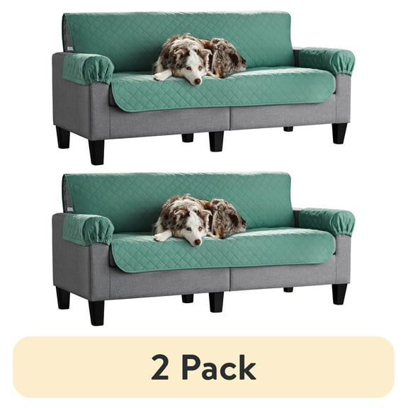 (2 pack) Mainstays Reversible Quilted Fabric Sofa Furniture Protector, 3-Piece, Gray and Sage Green Slipcover