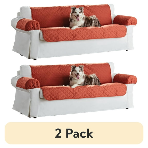 (2 pack) Mainstays Reversible Quilted Fabric Sofa Furniture Protector, 3-Piece, Tan and Red