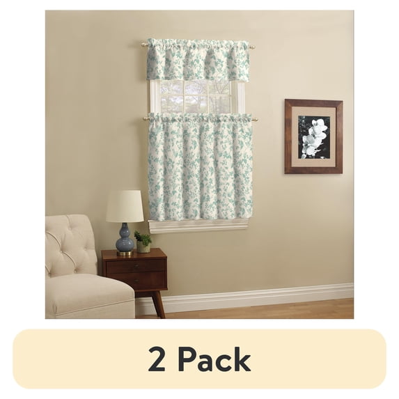 (2 pack) Mainstays Rod Pocket Tier and Valance Kitchen Curtain Set, 3-Piece, Aqua Botanical, 56" W x 36" L
