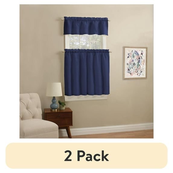 (2 pack) Mainstays Rod Pocket Tier and Valance Kitchen Curtain Set, 3-Piece, Navy, 56" W x 36" L