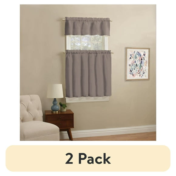 (2 pack) Mainstays Rod Pocket Tier and Valance Kitchen Curtain Set, 3-Piece, Taupe, 56" W x 36" L