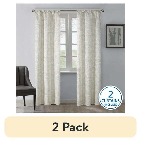 (2 pack) Mainstays Blackout Curtain Printed Jacquard Panel Pair, Set of 2 Ready Made Curtains, Beige Botanical, 37" W x 84" L