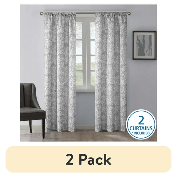 (2 pack) Mainstays Jacquard Blackout Panel Pair, Set of 2 Curtains, Silver Botanical, 37'' W x 84'' L