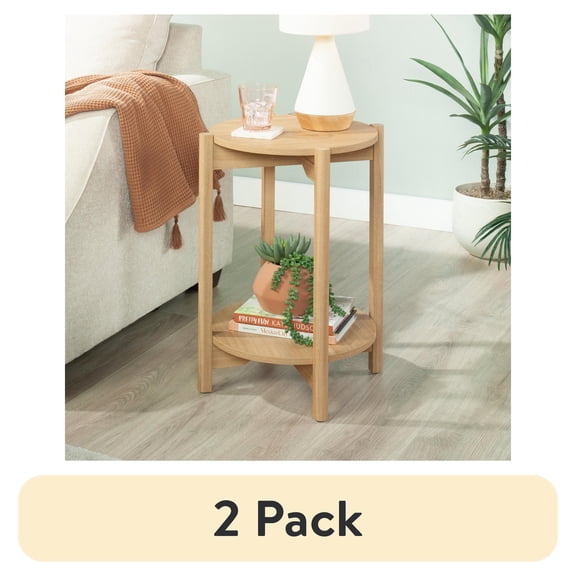 (2 pack) Mainstays Round Modern Dowel End Table, Natural Teak Finish