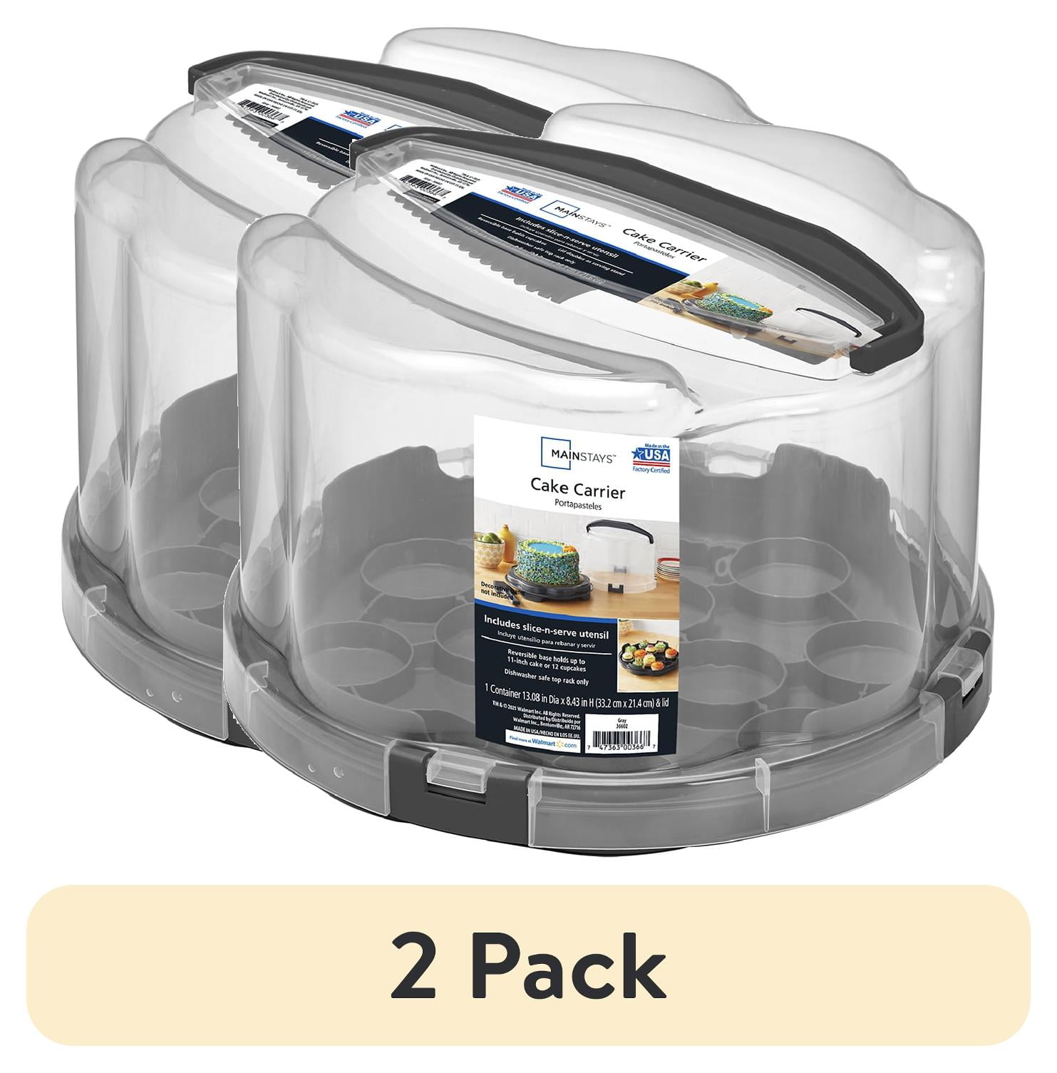 (2 pack) Mainstays Round Plastic Cake and Cupcake Carrier, Clear with Gray Handle, Clasps and Base (1 Each) Includes Slice-and-Server Utensil, 13.2" x 8.5"