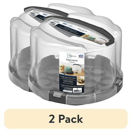 (2 pack) Mainstays Round Plastic Cake and Cupcake Carrier, Clear with Gray Handle, Clasps and Base (1 Each) Includes Slice-and-Server Utensil, 13.2" x 8.5"