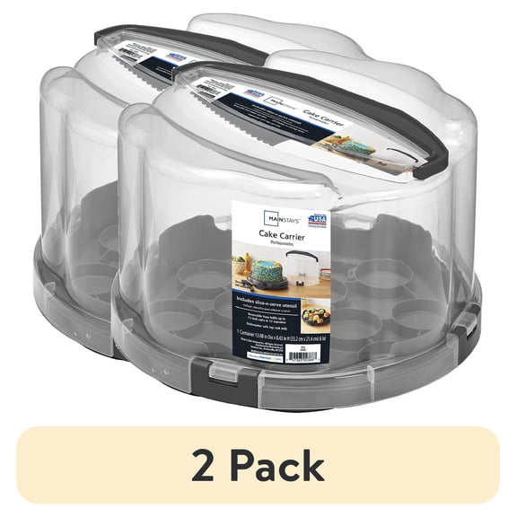 (2 pack) Mainstays Round Plastic Cake and Cupcake Carrier, Clear with Gray Handle, Clasps and Base (1 Each) Includes Slice-and-Server Utensil, 13.2" x 8.5"