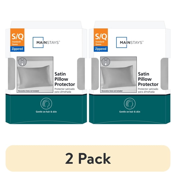 (2 pack) Mainstays Satin Zippered Pillow Protector, Standard/Queen - Zip Closure